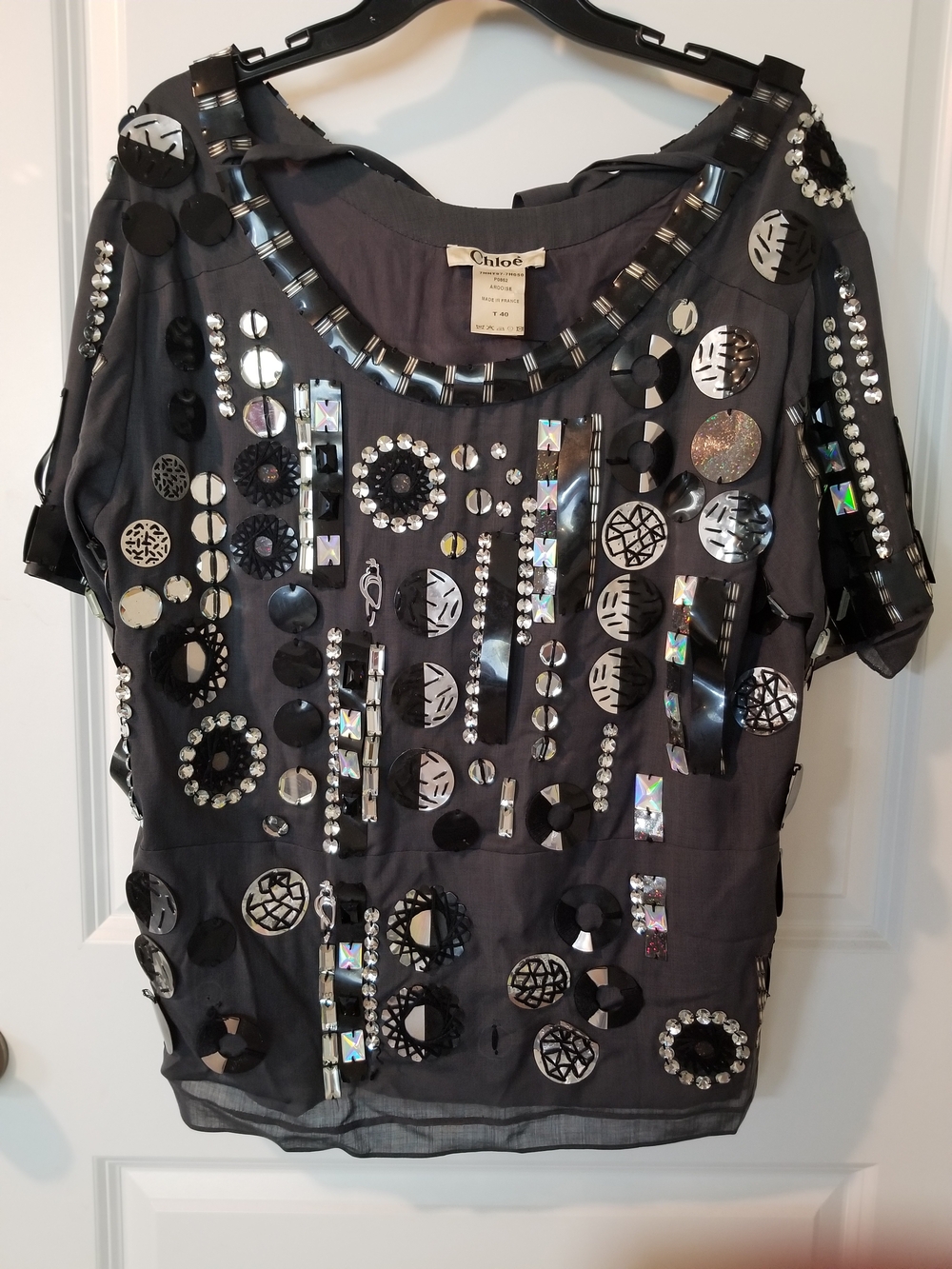 Chloé Embellished Charcoal Short Sleeve Blouse